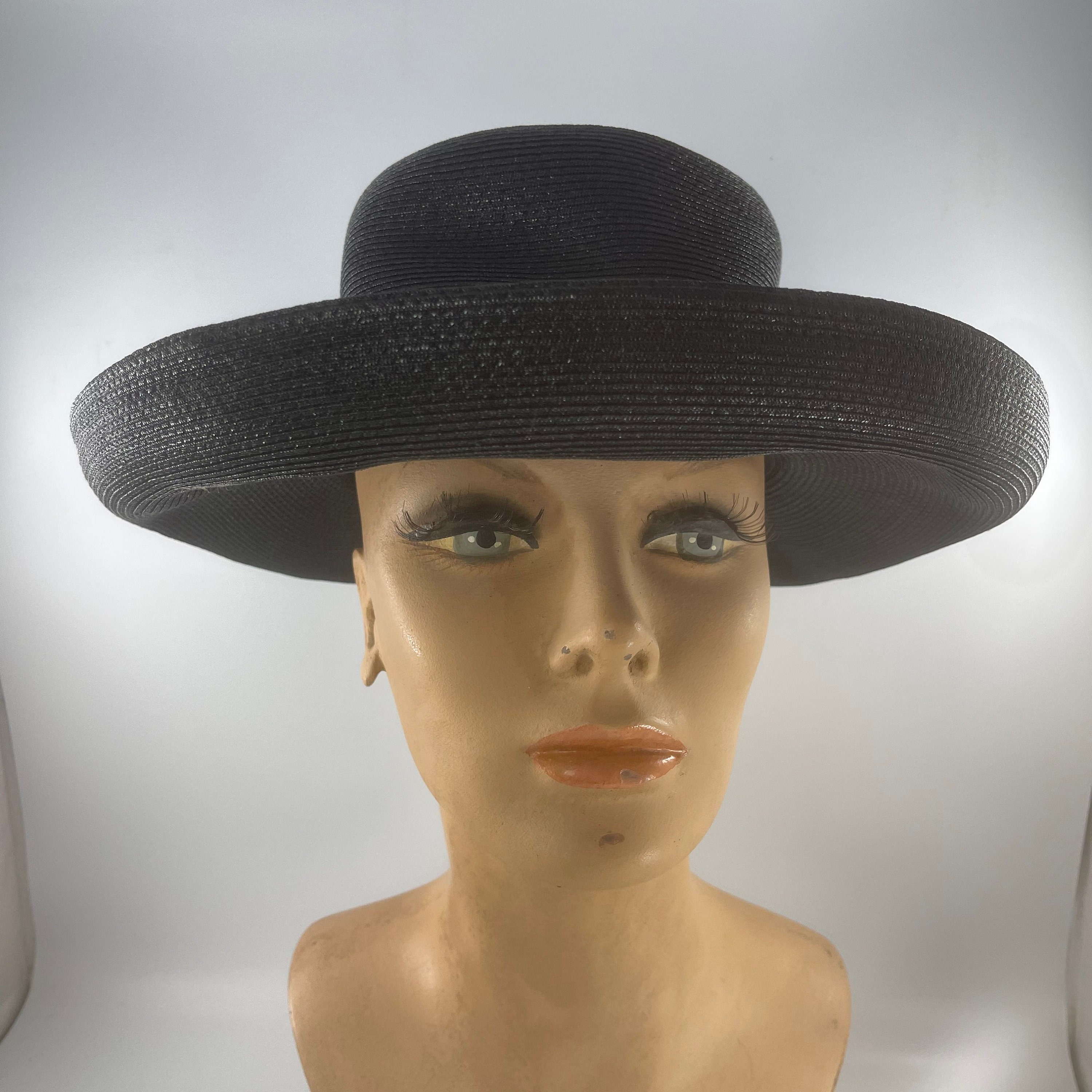 Chapeau Capeline En Sisal Noir Vintage Des Années 80 - Taille Unique - Fabriqué En France - Occasion Rétro
