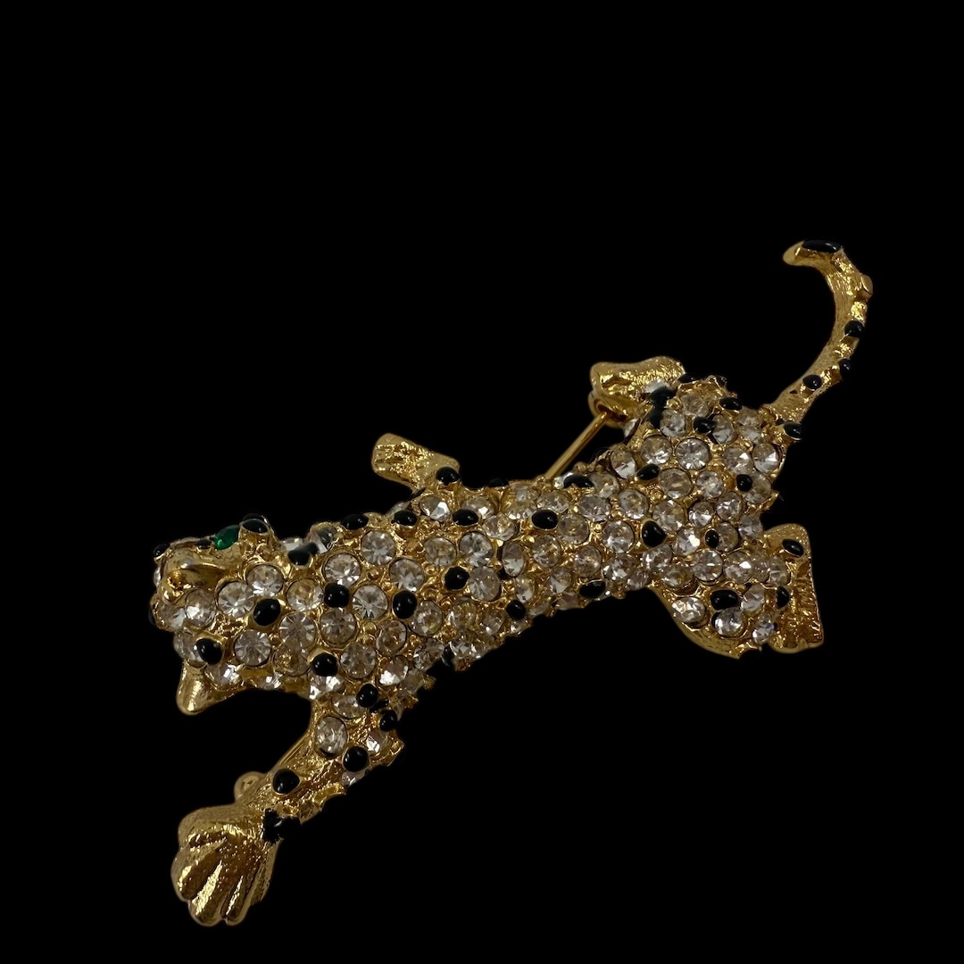 Vintage Rhinestone Spotted Leopard Brooch With Green Eye - Etsy