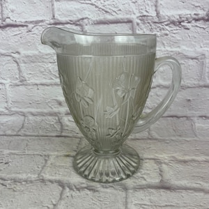 Vintage Clear Glass Jeannette Iris & Herringbone Depression Era Ice Tea or Lemonade Pitcher
