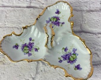 Vintage 1960’s Era Hand Painted Violets Lefton China Nut or Candy Dish or Tray