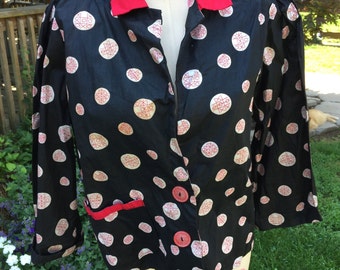 Vintage Red and Black Ladies' Cotton Print Unlined Blazer Jacket with Tic Tac Toe Print