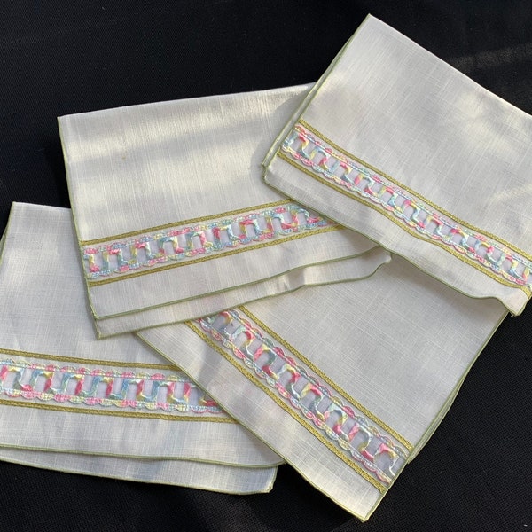 Set of 4 Vintage 1960’s Era Off White Linen Towels with Green, Gold and Pastel Trims