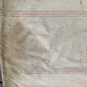 May include: A close-up of a beige fabric with two thin blue and red stripes. The fabric has a rough texture and appears to be old and worn.