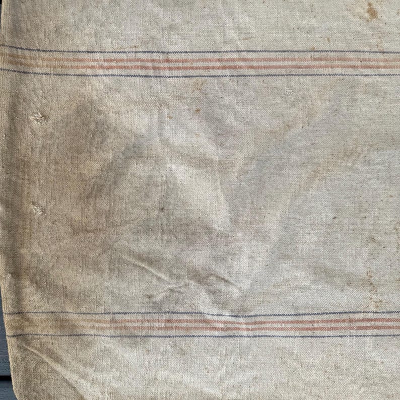 May include: A close-up of a beige fabric with two thin blue and red stripes. The fabric has a rough texture and appears to be old and worn.