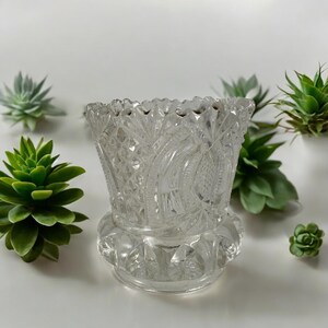Può includere: Vaso in vetro trasparente tagliato con un motivo strutturato dettagliato. Il vaso ha un bordo smerlato e poggia su una base rotonda con dettagli decorativi. Sullo sfondo sono presenti diverse piccole piante succulente verdi.
