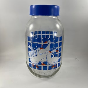 Vintage 1980&#39;s Era Carlton Glass Geese Canister Jar with Screw on Blue Lid