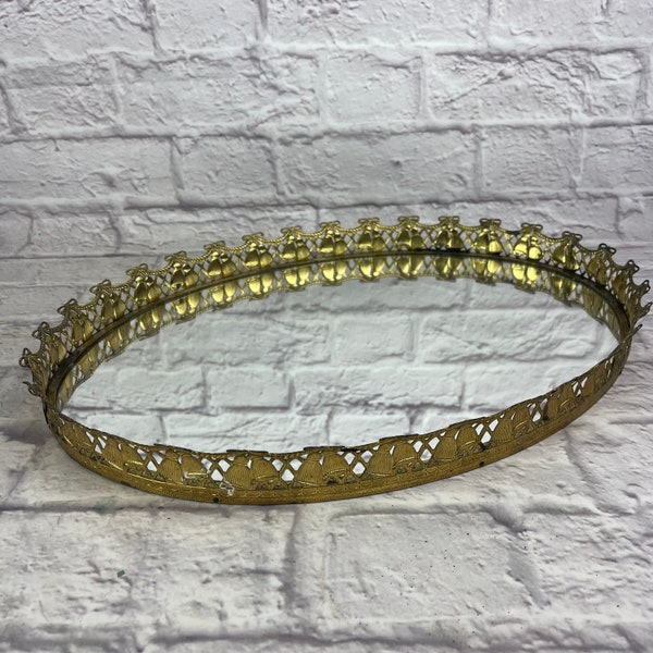 Vintage Oval Goldtone Ornate Filigree Tassel Design Dresser Mirror Tray Vanity Tray