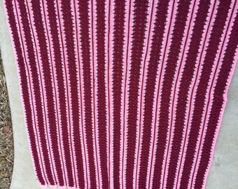 Vintage Hand Crochet Pink and Maroon Afghan/Lap Throw