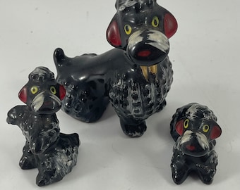 Set of 3 Old Vintage Ceramic Black Poodle Dog Figurines, Made in