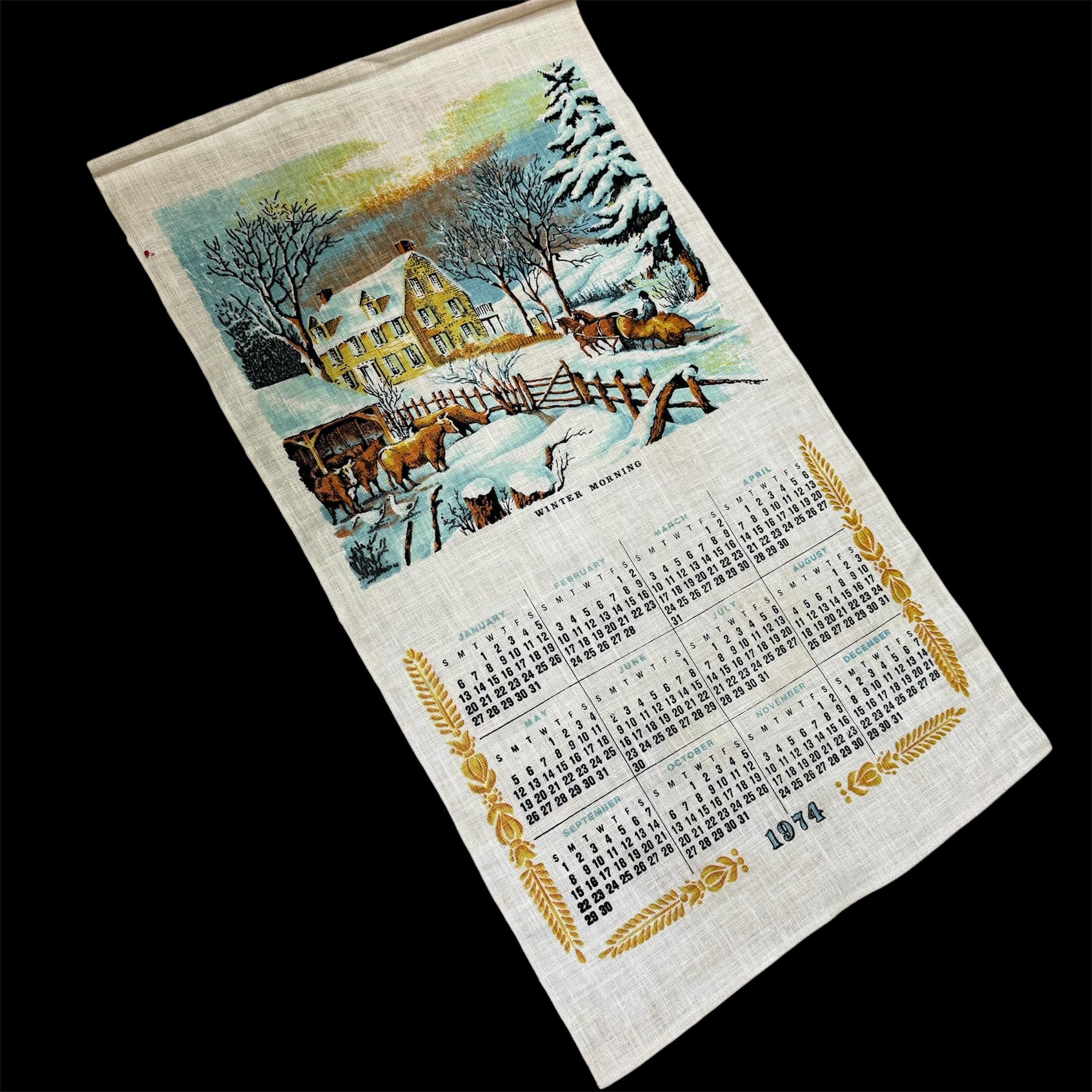 Vintage 1974 Currier & Ives Winter Morning Linen Calendar Towel