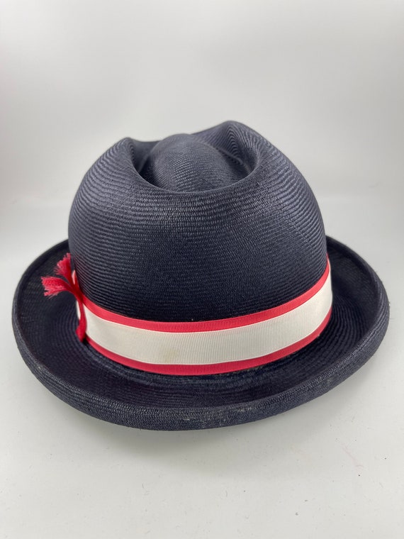 Vintage 1980’s Era Ladies’ Navy Blue Straw Fedora… - image 3