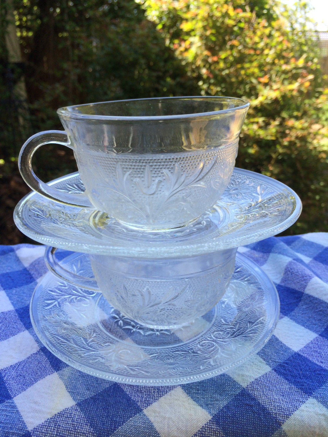 Pair of Vintage Tiara Sandwich Glass Cups and Saucers