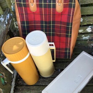 Vintage Red Scottish Plaid Thermos Lunch Kit with 2 Thermoses and Loaf Keeper Container and Vinyl Bag image 3