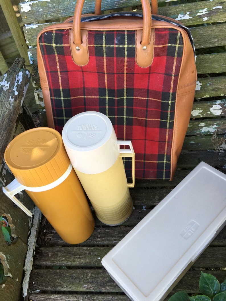 Vintage Red Scottish Plaid Thermos Lunch Kit with 2 Thermoses and Loaf Keeper Container and Vinyl Bag image 3