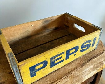 Vintage PEPSI COLA Wooden Soda Crate Case Tray Mustard Paint Color