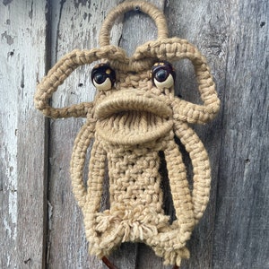 Vintage 1970’s Era Handmade Large Macrame Boho Cottage Chic Organic Frog Bathroom or Kitchen Towel Holder