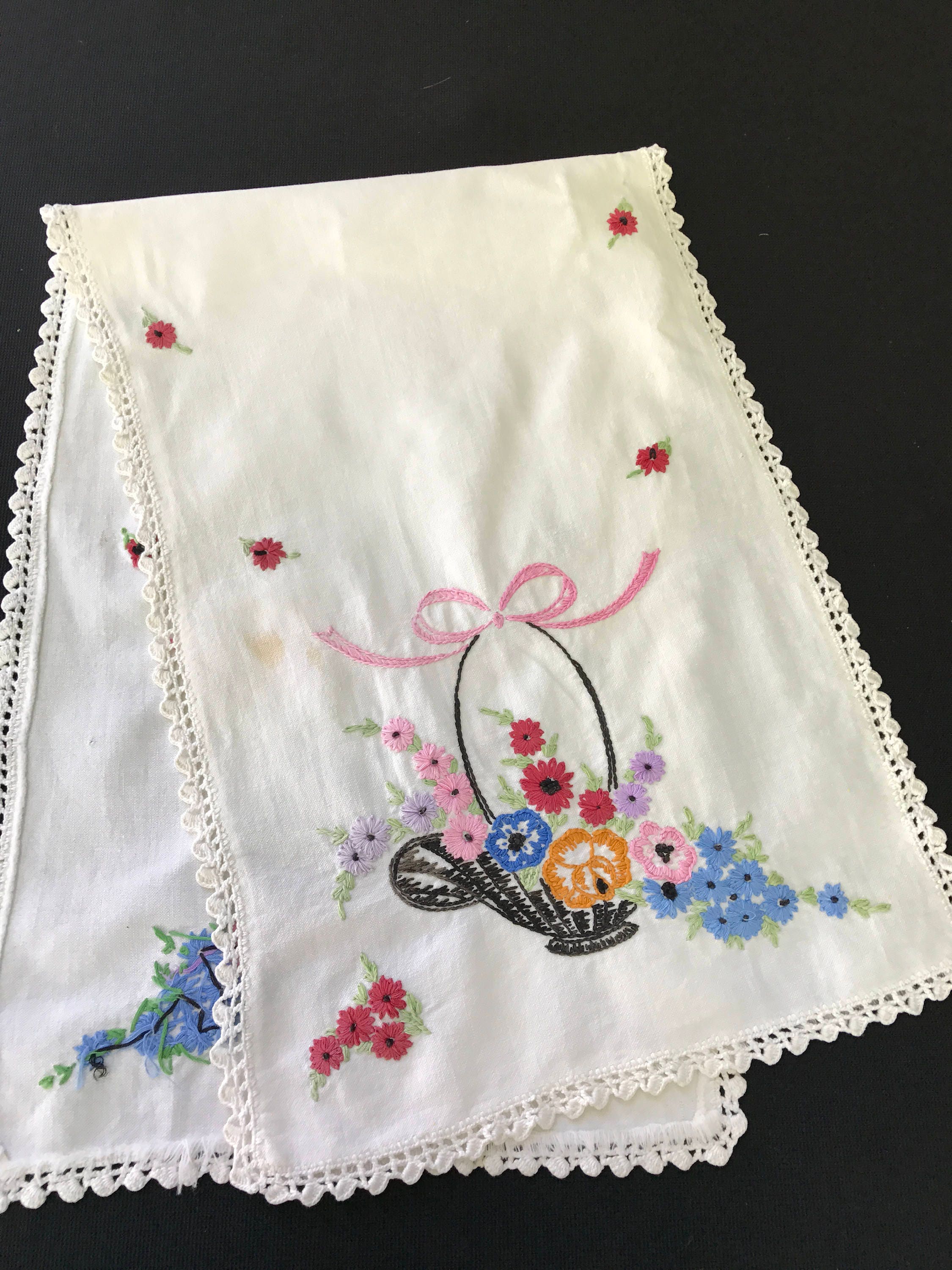 Vintage White Table Runner Dresser Scarf With Hand Embroidery Etsy