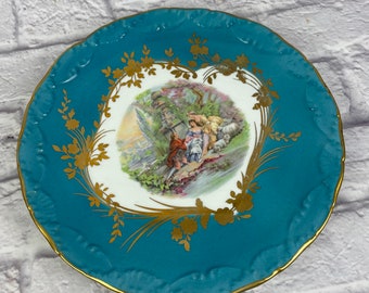 Vintage Limoges France Beautiful Plate Victorian Era Teal with Gold Trim