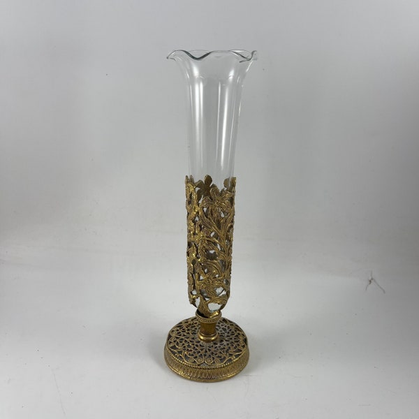 Beautiful Vintage Matson Bud Vase Gold Filigree Holder and Clear Glass Fluted Flower Holder