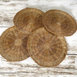 Lot of 4 Vintage Wicker Rattan Bamboo Paper Plate Holders 10&quot; Wall Decor Basket Wall
