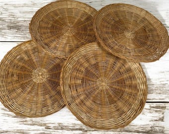 Lot of 4 Vintage Wicker Rattan Bamboo Paper Plate Holders 10" Wall Decor Basket Wall