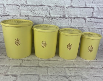 Set of 4 Vintage 1970’s Era Yellow Golden Yellow Tupperware Kitchen Canisters Starburst