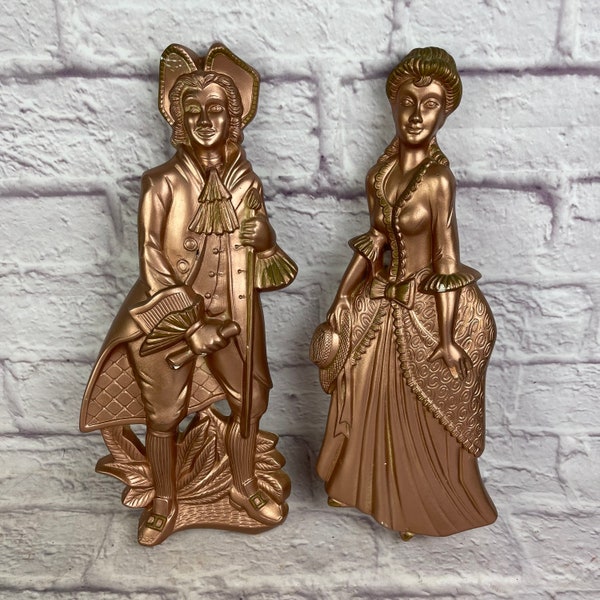 Pair of Vintage 1964 Miller Studios Gold Copper Colored Chalkware Colonial Couple