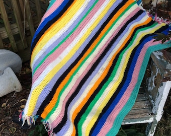 Vintage Hand Crochet Yellow, blue, Pink, Black, and Gold Stripe Afghan/Lap Throw with Fringe