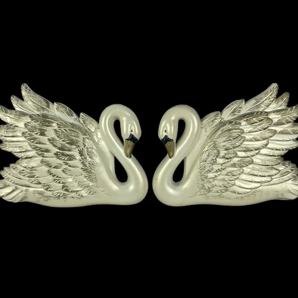 Vintage 1968 Pair Miller Studio Chalkware Off White Swans Wall Plaques