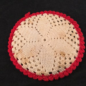 Vintage Hand Crochet Red and Off White Round Potholder