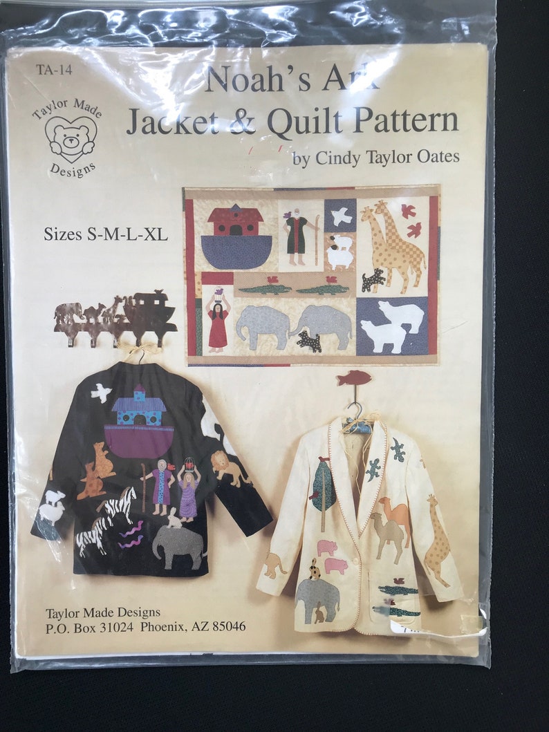 Sizes S-M-L-XL Vintage Taylor Made Designs TA-14 Noah\u2019s Ark Jacket and Quilt Pattern Booklet
