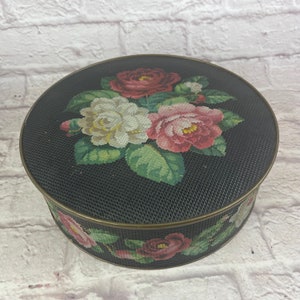 Vintage Round  Floral Roses and Flowers Tin w/ Lid Sewing Box