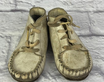 Vintage Well Worn White Leather Baby Crib Shoes
