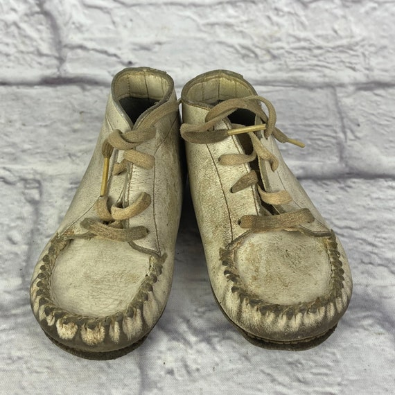 Vintage Well Worn White Leather Baby Crib Shoes - image 1