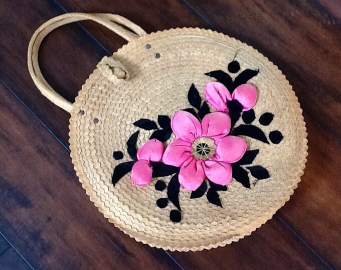Vintage Round Straw Purse With Vivid Pink Flowers Etsy