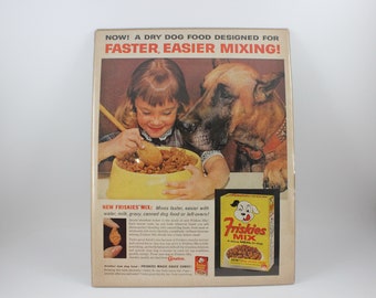 Vintage 1960’s Era Friskier Mix Dog Food Magazine Ad/Advertisement Carnation Company Cute Little Girl Feeding Dog