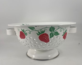 Vintage 1980's Era White with Red Strawberries Enamelware Granite Colander Strainer