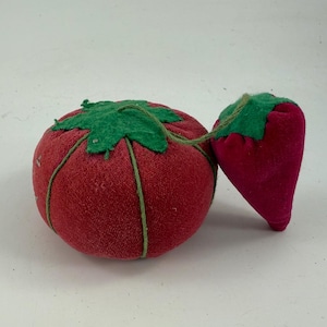 Vintage Pink Tomato Pin Cushion with Strawberry