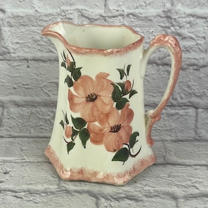 Vintage Hand Painted  Peach Floral Flowers Cash Family Pitcher Erwin Tennessee