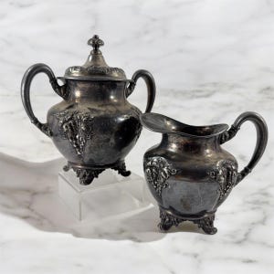 Vintage Ornate Victorian Era Silverplate Creamer and Sugar Bowl with Grape Design