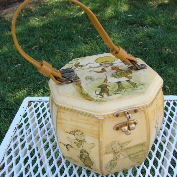 Vintage Ladies Wood Box Style Octagon Shaped DECOUPAGE Purse Little Holly Hobby Style Children
