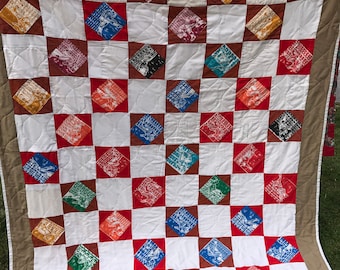 Vintage 1980's Era Handmade Quilt/Coverlet/Bedspread with Football Fabric Patches