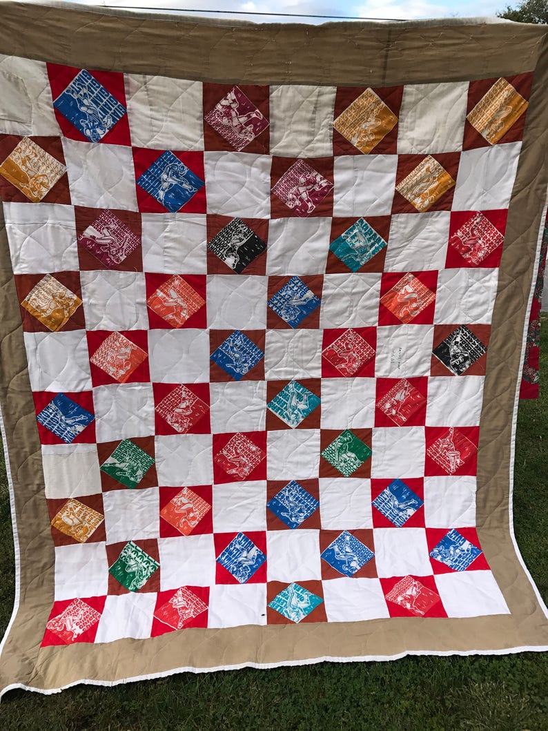 Vintage 1980's Era Handmade Quilt/Coverlet/Bedspread with Football Fabric Patches image 1