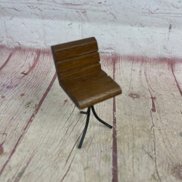 Vintage 1970’s Era Brown Wood Bar Stool or Chair With Back and Metal Legs Dollhouse Furniture