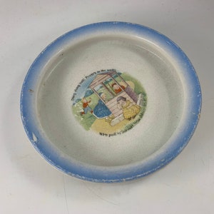Antique/Vintage 1920&#39;s Nursery Rhyme  Blue and White Rimmed Baby Dish or Feeding Bowl