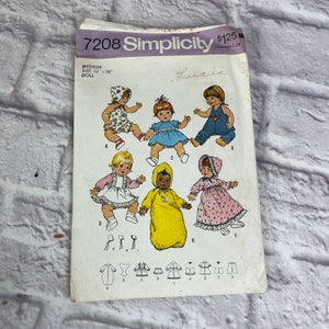 May include: Vintage Simplicity sewing pattern number 7208 for making doll clothes. The pattern is for a medium size doll, 15 to 16 inches tall. The pattern includes six different outfits for the doll, including a dress, a jumpsuit, a nightgown, a romper, a sunsuit, and a sleeping bag.