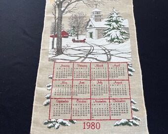 Vintage 1980 Snowy Church Sleigh Ride Kitchen Calendar Towel