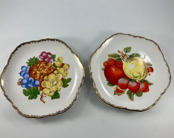 Pair of Vintage Decorative Plates with Fruit Print and Gold Trim