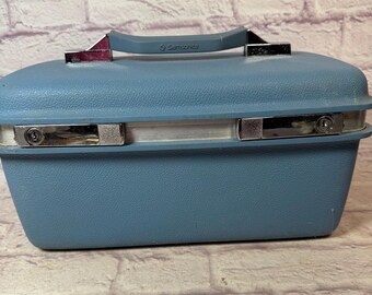 Vintage 1970s Era Samsonite Blue Train Case Suitcase Overnight Bag