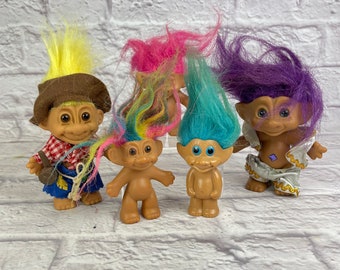 Lot of 5 Vintage Troll Dolls Variety of Sizes,2 are Dressed